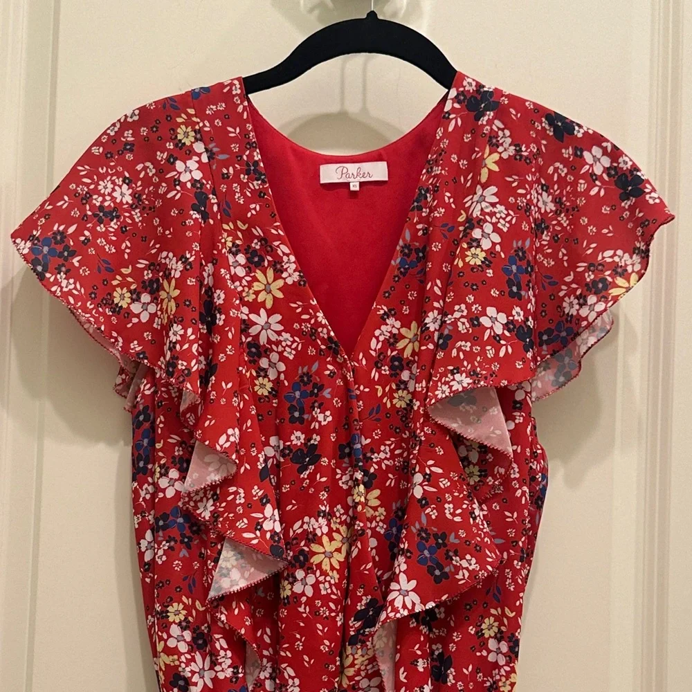 Parker Red Floral Blue Yellow White Print V-Neck Ruffle Elastic Mini Dress XS - Picture 3 of 7